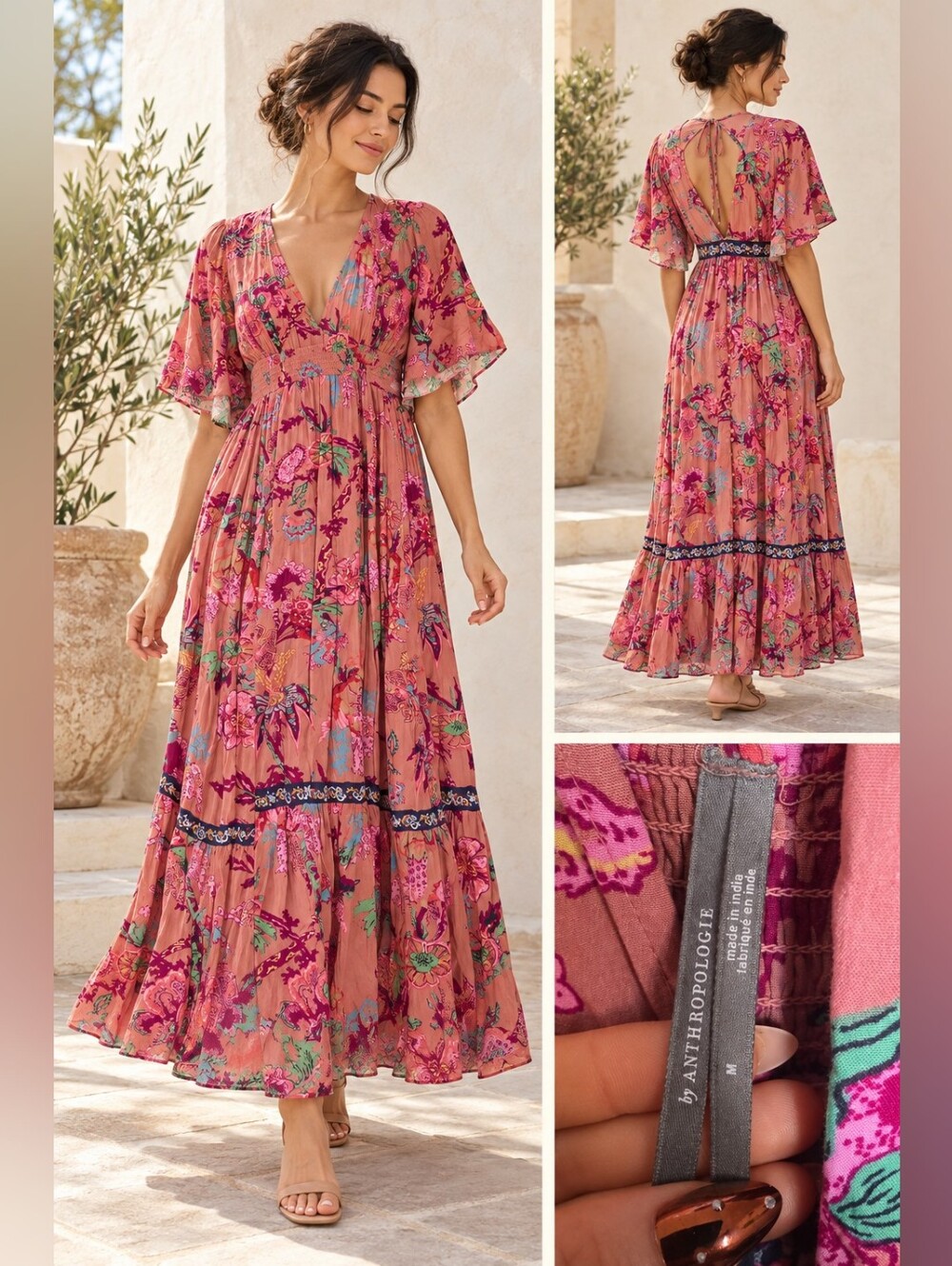 Anthropologie Rose-Pink Floral Open-Back Maxi Dress